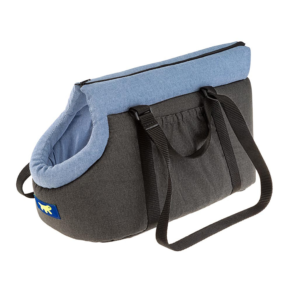 Sac de transport pour animaux, gris et bleu, avec bandoulières robustes. Idéal pour petits chiens ou chats. Accessoire de voyage pratique et confortable.