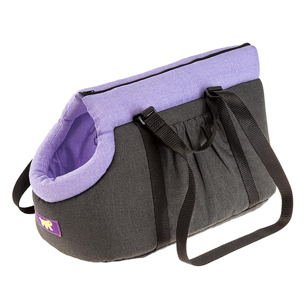 Sac de transport pour animaux de compagnie en tissu noir et violet, avec poignées robustes. Accessoire pratique pour chiens et chats.