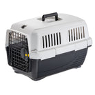Caisse de transport pour animaux, plastique robuste, grille métallique, poignée ergonomique, idéale pour chats et petits chiens, voyage sécurisé.