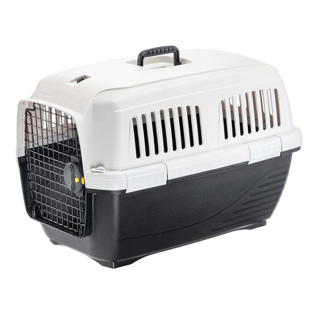 Caisse de transport pour animaux Clipper, plastique robuste, porte grillagée, poignée ergonomique, idéale pour chats et petits chiens.