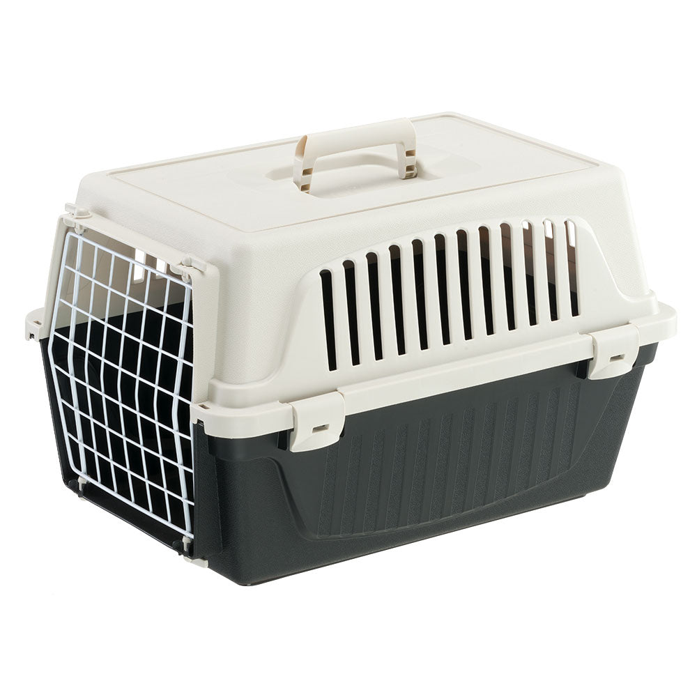 Caisse de transport pour animaux en plastique robuste avec grille métallique, idéale pour chats et petits chiens. Transporteur sécurisé et pratique.