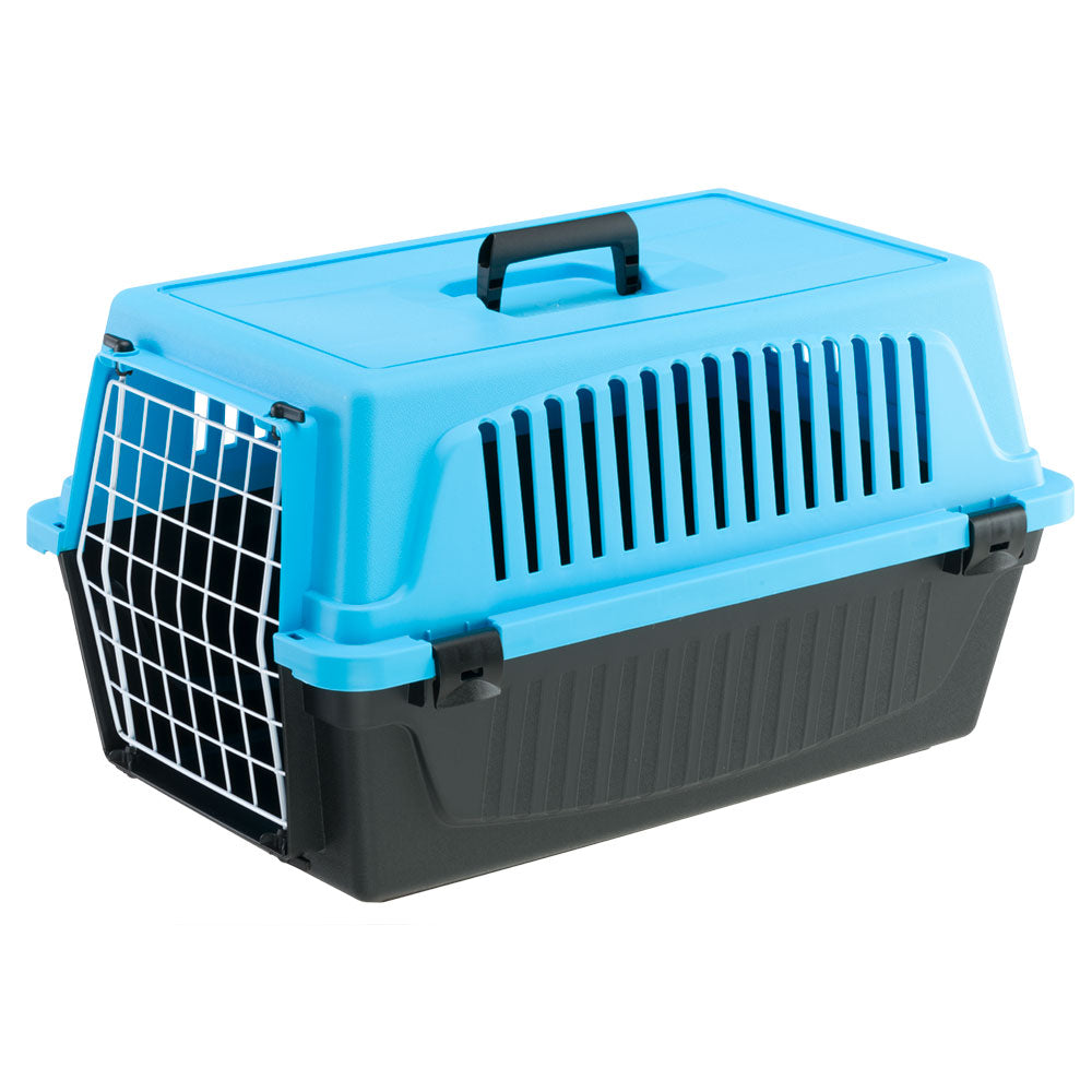 Caisse de transport pour animaux en plastique bleu et noir avec grille métallique, idéale pour chats et petits chiens. Accessoire voyage sécurisé.