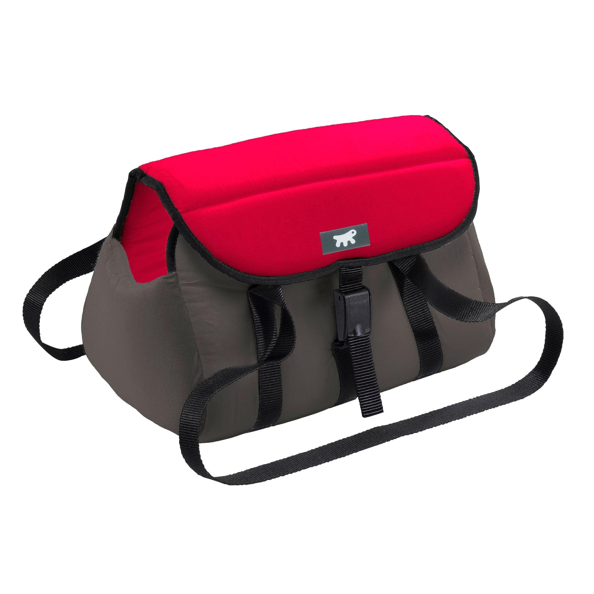 Sac de transport pour animaux, rouge et gris, avec sangle réglable et fermeture sécurisée. Accessoire pratique pour petits chiens ou chats.