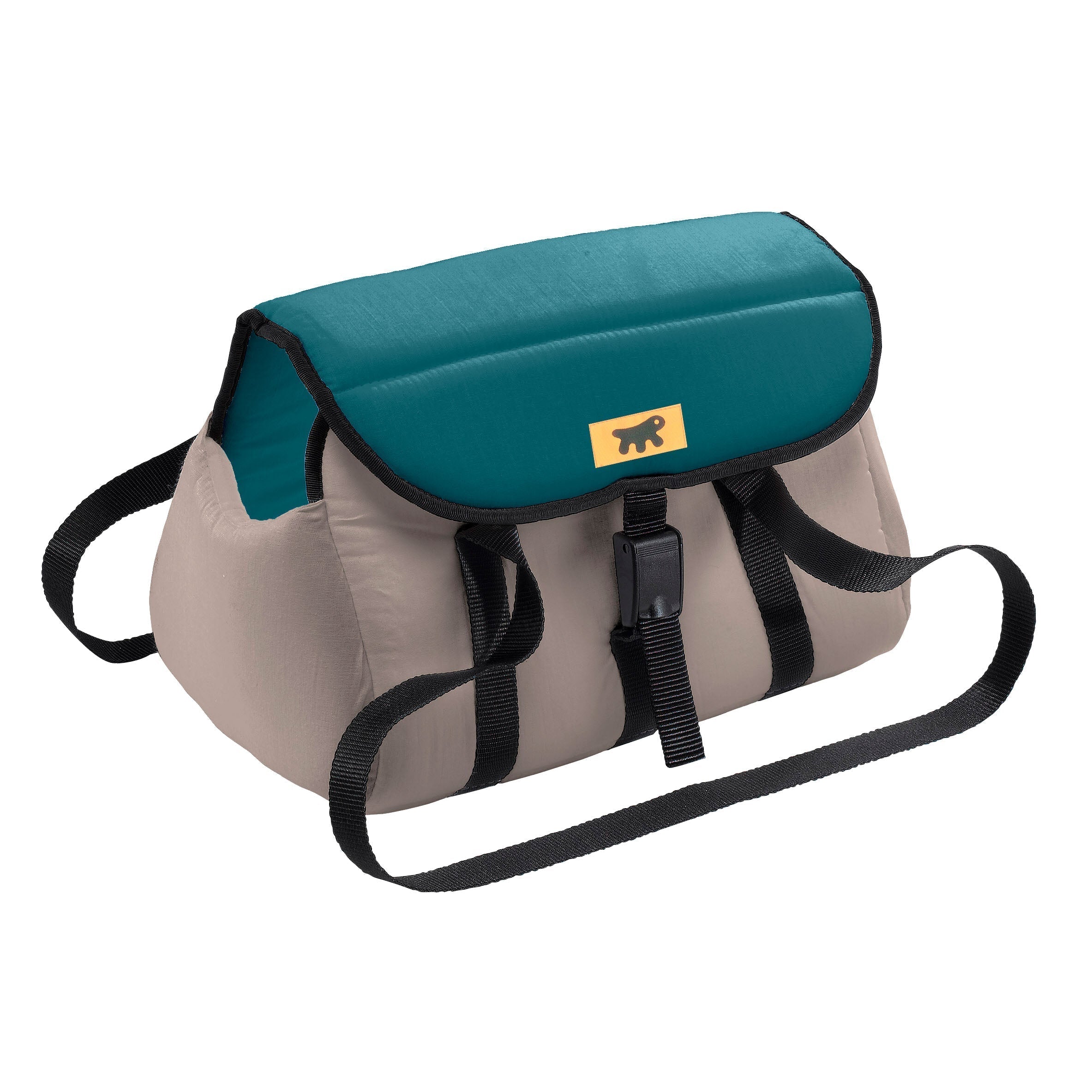 Sac bandoulière beige et turquoise avec sangle réglable, boucle noire et logo ours. Accessoire mode pratique et tendance pour un usage quotidien.