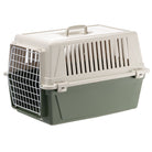 Caisse de transport pour animaux en plastique vert et beige avec grille métallique, idéale pour chats et petits chiens. Accessoire voyage sécurisé.