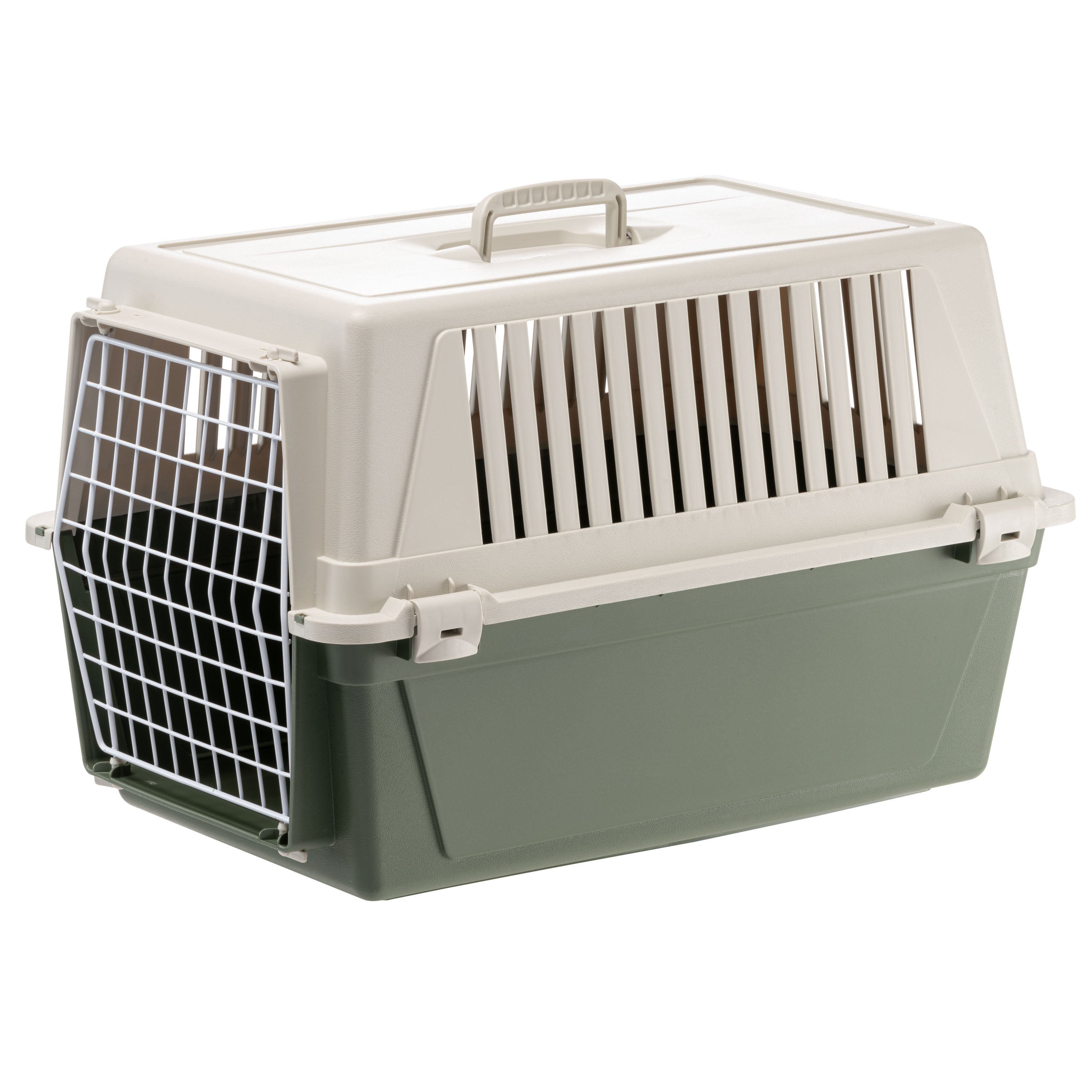Caisse de transport pour animaux en plastique vert et beige avec grille métallique, idéale pour chats et petits chiens. Accessoire voyage sécurisé.