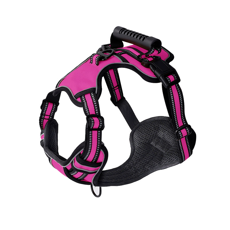 Harnais pour chien rose et noir, réglable, avec poignée robuste et bandes réfléchissantes. Accessoire pour promenade sécurisée.