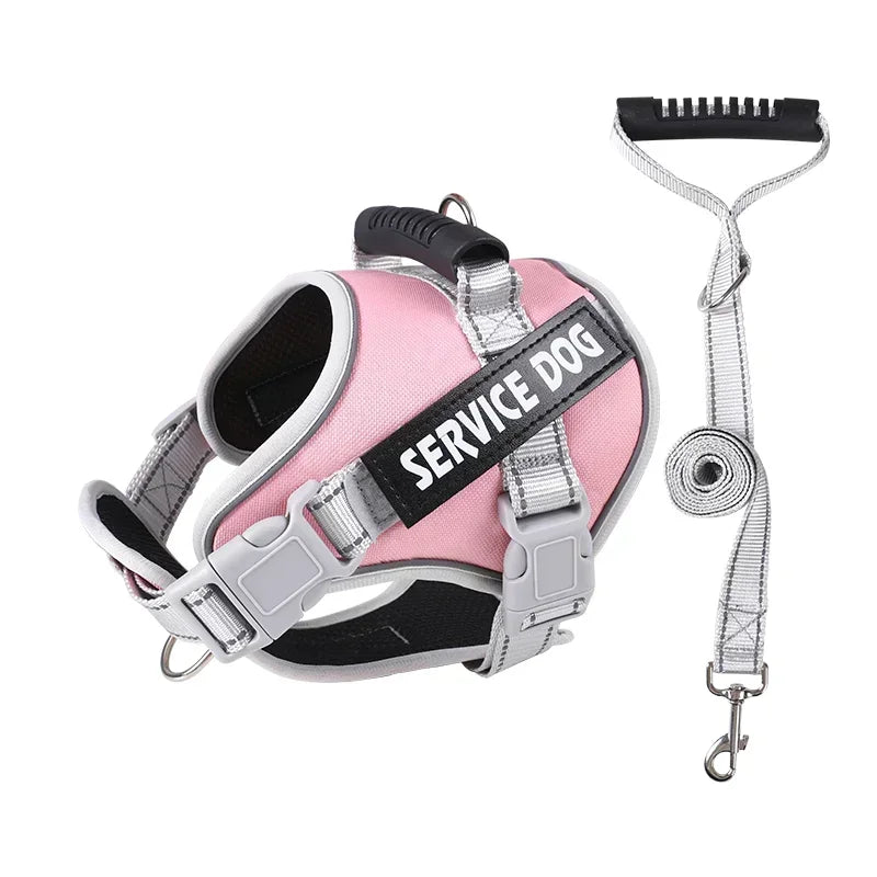 Harnais rose pour chien d'assistance avec laisse assortie, étiquette "Service Dog", ajustable et confortable, idéal pour chiens de travail.