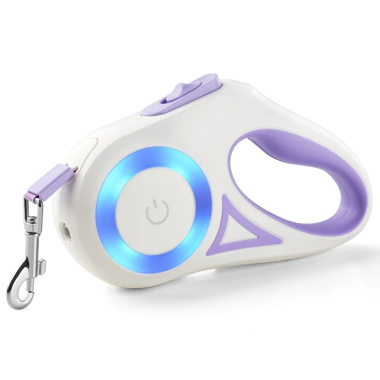 Laisse rétractable pour chien avec poignée ergonomique, design moderne blanc et violet, bouton de verrouillage, crochet métallique robuste.