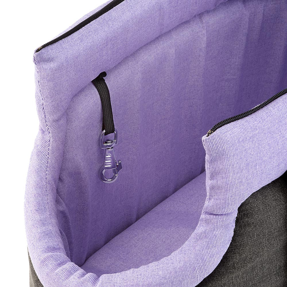 Sac de transport pour animaux en tissu violet, intérieur spacieux, fermeture éclair robuste, crochet de sécurité. Accessoire pratique pour animaux.
