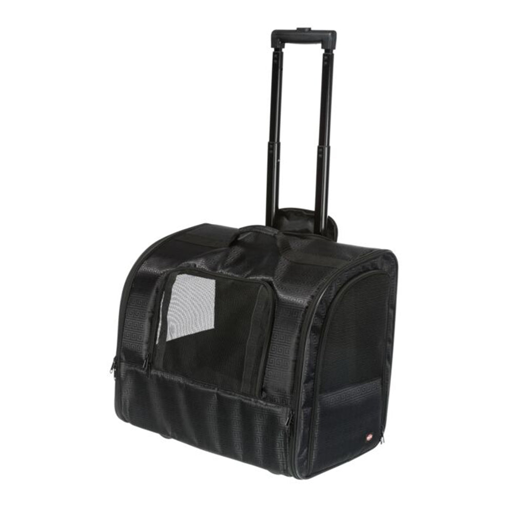 Chariot de transport pour animaux, noir, avec roulettes et poignée télescopique. Sac de voyage pour chien ou chat, aéré et pratique.