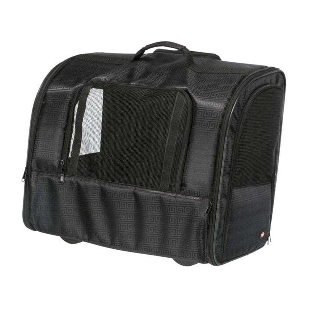Sac de transport pour animaux noir, design moderne, avec fenêtres en maille pour ventilation, idéal pour voyages et sécurité des animaux.