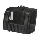 Sac de transport pour animaux noir, design moderne, avec fenêtres en maille pour ventilation, idéal pour voyages et sécurité des animaux.