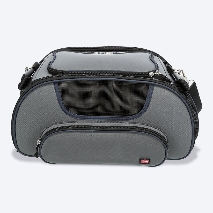 Sac de transport pour animaux gris, design moderne, poches zippées, bandoulière réglable, idéal pour voyages et confort des animaux.