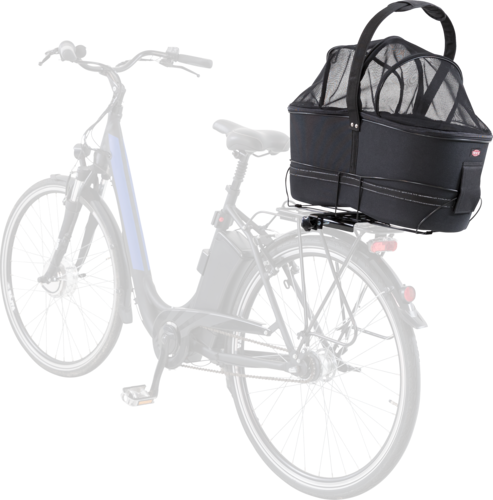 Vélo électrique avec panier de transport pour animaux, noir, fixé à l'arrière. Accessoire pratique pour cyclistes et propriétaires d'animaux.