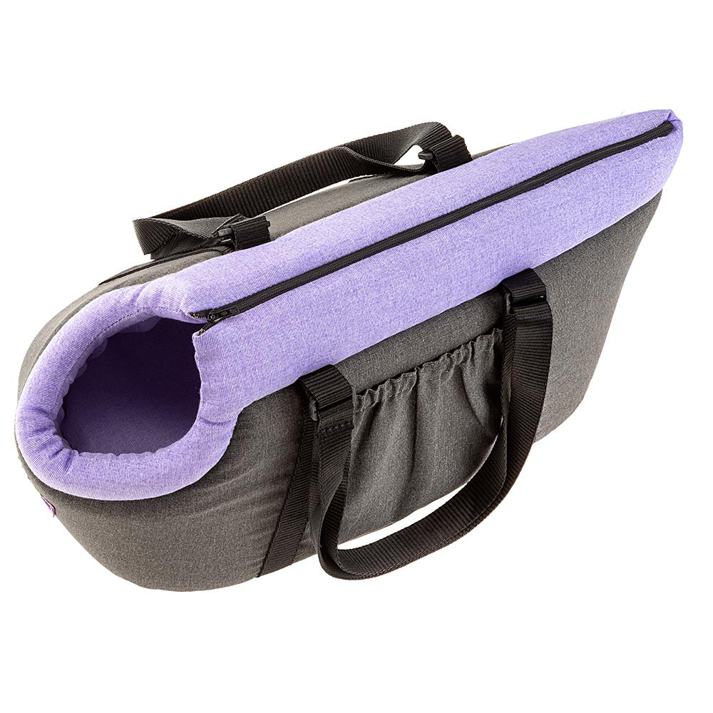 Sac de transport pour animaux, gris et violet, avec ouverture latérale et poignées noires. Accessoire pratique pour petits chiens ou chats.