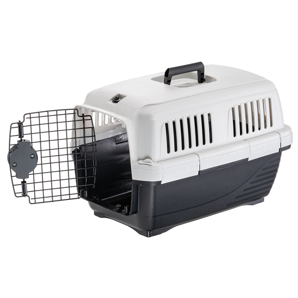 Caisse de transport pour animaux en plastique robuste, porte grillagée ouverte, poignée ergonomique, idéale pour chats et petits chiens.