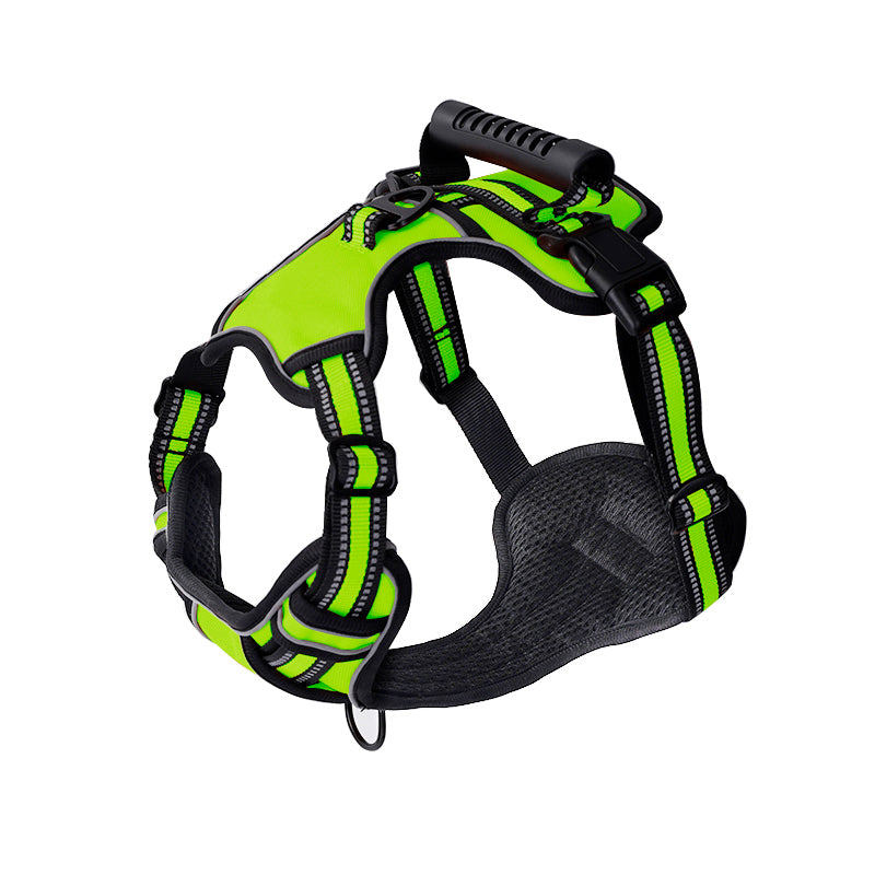 Harnais pour chien vert fluo, réglable, avec poignée robuste et bandes réfléchissantes. Accessoire de sécurité pour promenade nocturne.