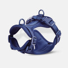 Harnais pour chien bleu marine, réglable et rembourré, avec boucles de sécurité et anneaux en métal. Accessoire pour promenade canine confortable.