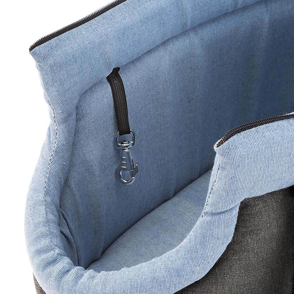 Sac de transport pour animaux, intérieur bleu, crochet de sécurité, rembourrage confortable, idéal pour chiens et chats, accessoire de voyage pratique.