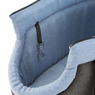 Sac de transport pour animaux, intérieur bleu, crochet de sécurité, rembourrage confortable, idéal pour chiens et chats, accessoire de voyage pratique.