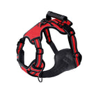 Harnais pour chien rouge et noir, réglable, avec poignée robuste et bandes réfléchissantes. Accessoire de sécurité pour promenade canine.