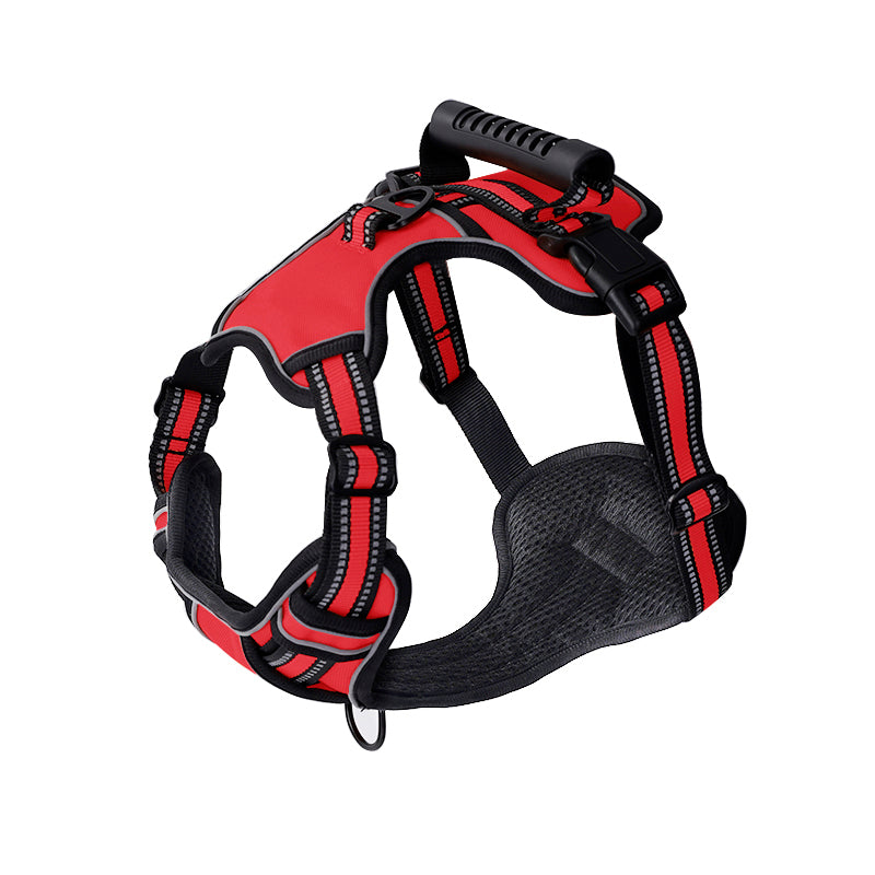 Harnais pour chien rouge et noir, réglable, avec poignée robuste et bandes réfléchissantes. Accessoire de sécurité pour promenade canine.