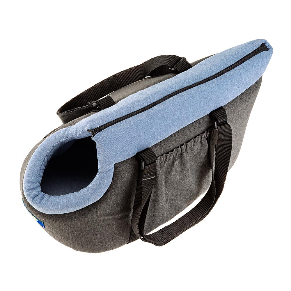Sac de transport pour animaux, gris et bleu, avec ouverture circulaire et poches latérales. Idéal pour petits chiens ou chats. Accessoire de voyage.