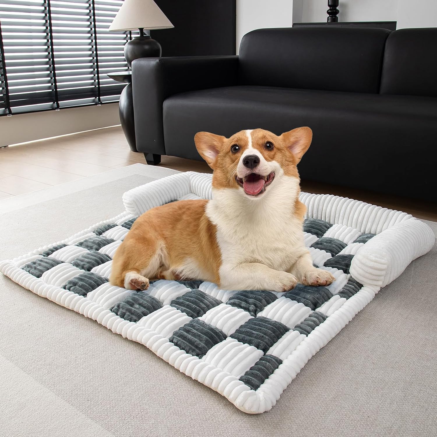 Chien Corgi heureux allongé sur un tapis moelleux à carreaux gris et blancs dans un salon moderne, canapé noir en arrière-plan.