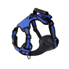 Harnais pour chien bleu réglable avec poignée, bandes réfléchissantes et boucles robustes. Accessoire de promenade sécurisé et confortable.