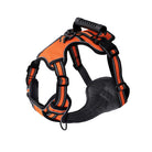 Harnais pour chien orange et noir, réglable, avec poignée robuste et bandes réfléchissantes. Accessoire de sécurité pour promenade canine.