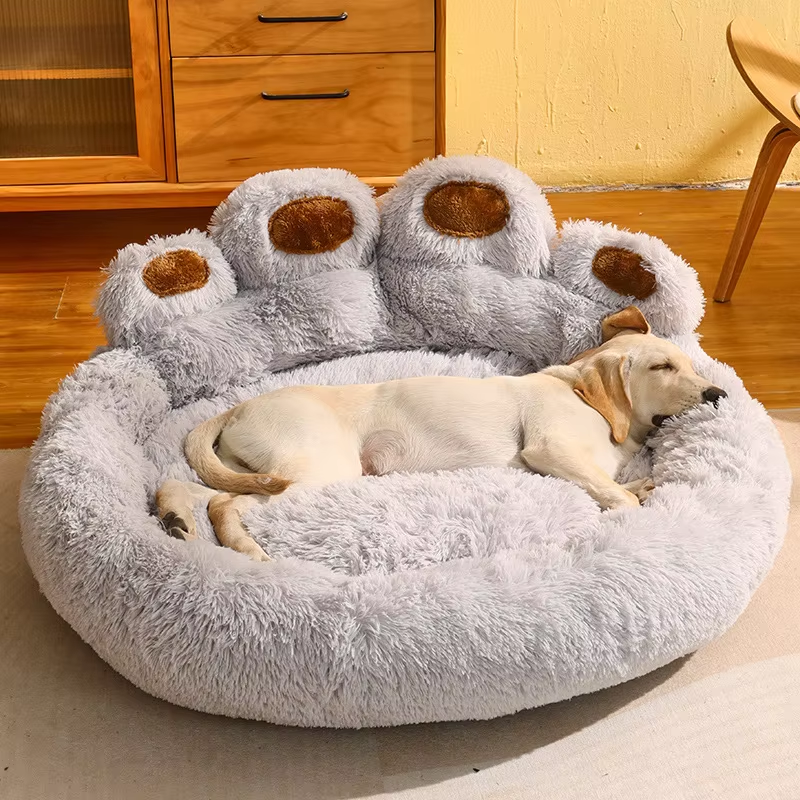 Chien dormant sur un lit pour animaux en forme de patte, doux et moelleux, dans un salon moderne. Lit pour chien confortable, design original.
