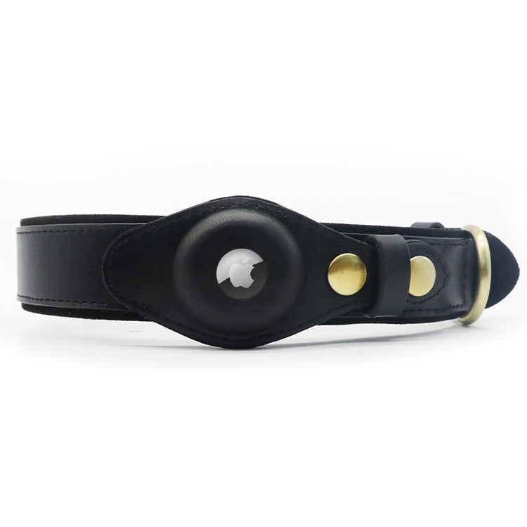 Collier pour chien en cuir noir avec support AirTag intégré, boucle dorée, design élégant et fonctionnel pour localisation GPS.