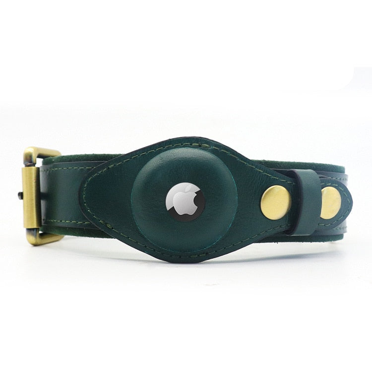 Collier pour chien en cuir vert avec support AirTag intégré, boucle dorée et boutons-pression, accessoire de suivi élégant et fonctionnel.