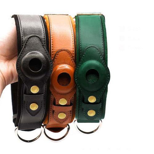 Colliers pour chiens en cuir noir, marron et vert avec support AirTag, design élégant, boucle métallique robuste, accessoires pour animaux.