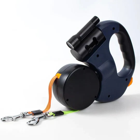 Enrouleur de laisse double pour chiens, bleu, avec lampe intégrée. Accessoire pratique pour promener deux chiens simultanément.