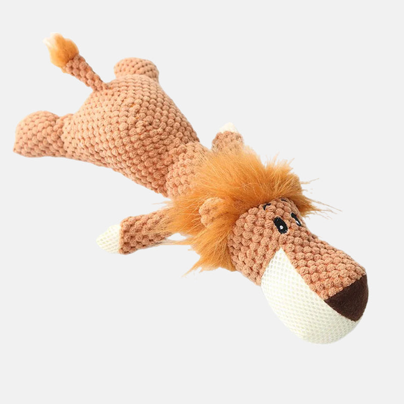 Jouet interactif pour chien en forme de lion, peluche douce et durable, idéal pour mâcher et jouer, couleur marron clair, design amusant.
