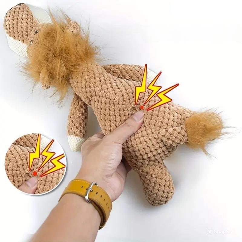 Jouet interactif pour chien en peluche marron, texture douce, avec effet sonore. Idéal pour divertir et stimuler les animaux de compagnie.