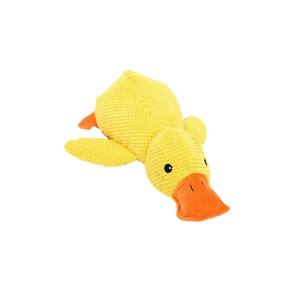 Jouet pour chien en forme de canard jaune, texture douce, bec orange, idéal pour mâcher et jouer. Accessoire amusant pour animaux de compagnie.