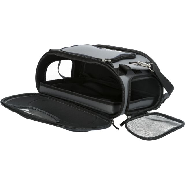 Sac de transport pour animaux, noir, avec ouvertures en maille, bandoulière réglable, idéal pour chats et petits chiens, voyage sécurisé.