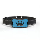 Collier anti-aboiement pour chien, bleu et noir, avec motif patte, réglable, technologie avancée, dressage efficace, sécurité animale.