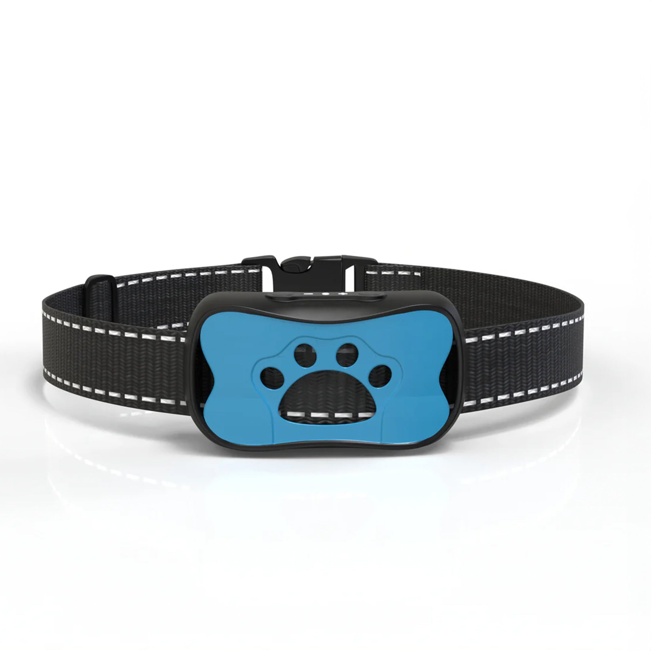 Collier anti-aboiement pour chien, bleu et noir, avec motif patte, réglable, technologie avancée, dressage efficace, sécurité animale.