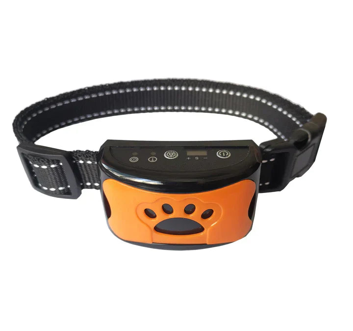 Collier anti-aboiement Zeus pour chien, noir et orange, avec capteur intelligent, réglable, technologie de vibration et son, dressage efficace.