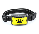 Collier anti-aboiement pour chien, noir et jaune, avec motif patte, réglable, technologie avancée, dressage efficace, accessoire pour animaux.