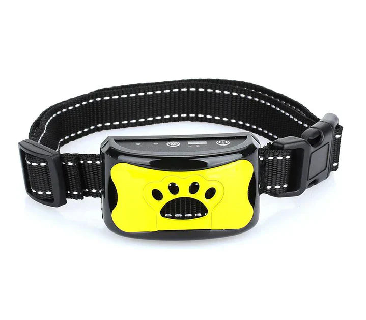 Collier anti-aboiement pour chien, noir et jaune, avec motif patte, réglable, technologie avancée, dressage efficace, accessoire pour animaux.