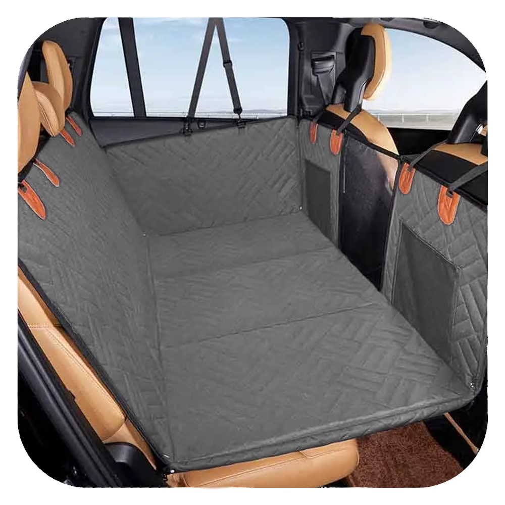 Housse de siège auto grise pour animaux, protection imperméable et antidérapante, idéale pour voyager avec des chiens en toute sécurité.
