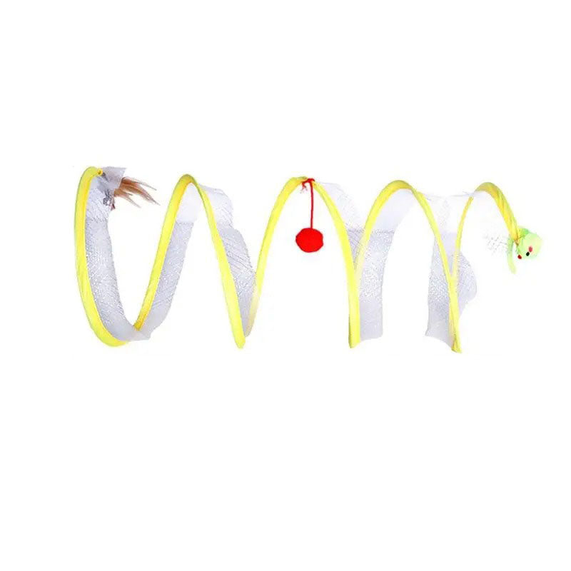 Jouet interactif pour chat en spirale jaune avec plumes, pompon rouge et souris en peluche. Accessoire amusant pour stimuler l'activité féline.
