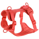 Harnais pour chien rouge, ajustable et rembourré, avec boucles de sécurité et anneaux en métal. Accessoire pour promenade canine confortable.