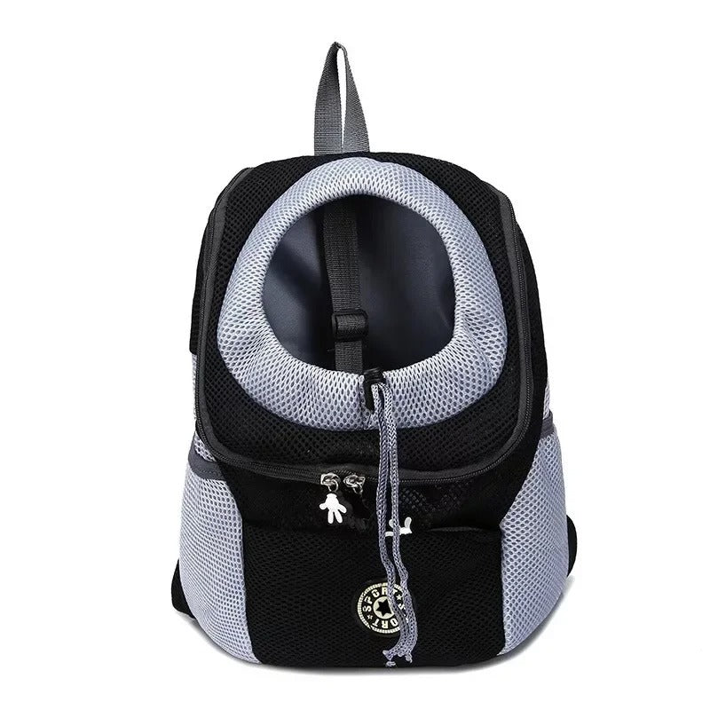Sac à dos de transport pour animaux, noir et gris, avec maille respirante et fermeture éclair. Idéal pour chats et petits chiens.