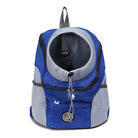 Sac à dos de transport pour animaux, bleu et gris, avec filet respirant et ouverture frontale. Idéal pour chiens et chats. Accessoire de voyage pratique.